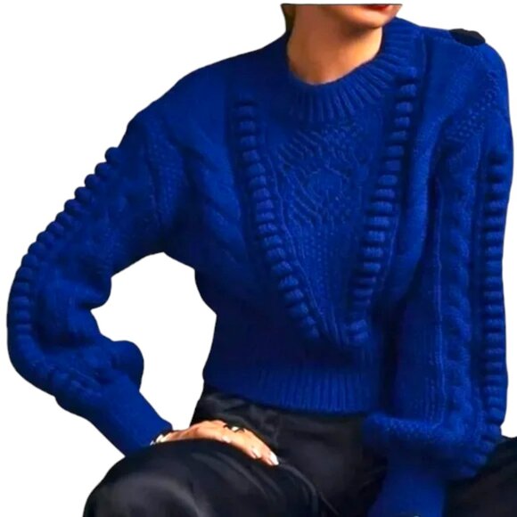 Anthropologie Indigo Blue Sweater Size M Cable Knit Crop Balloon Sleeve Warm EUC - Picture 13 of 14